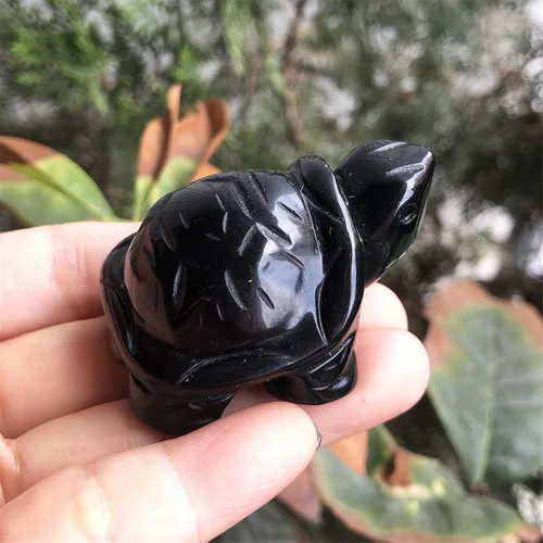 Vista 2 de Estatua de tortuga de piedra de 2 pulgadas, figura de tortuga tallada a mano, escultura de Fengshui, decoración del hogar, obsidiana negra