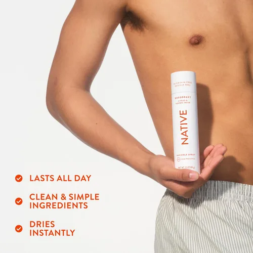 Vista 7 de Native Desodorante y spray corporal, almizcle cítrico y de hierbas, protección contra olores de 72 horas para axilas y cuerpo, sin aluminio, secado