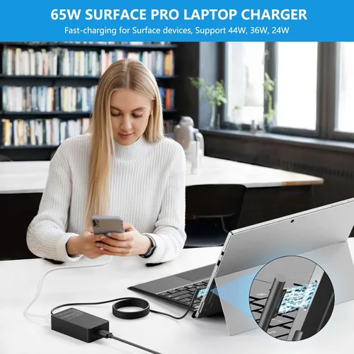 Vista 5 de Cargador para portátil Surface Pro de 65 W para Microsoft Surface Pro Fits Surface Pro X,11,10,9,8,7+,7,6,5,4,3, Windows Surface Laptop, Book