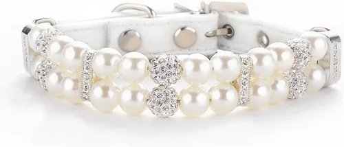 Vista 7 de HOWWFALY Collares de perlas para perros y gatos con diamantes de imitación de cristal, collar de piel sintética, collar ajustable para perros