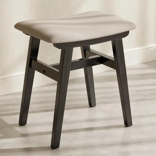 Vista 10 de Taburete de tocador pequeño de madera maciza, silla de maquillaje compacta con cojín de sillín, asiento de esponja de alto rebote cubierto de lino