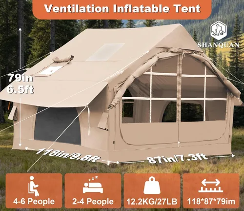 Vista 7 de Tiendas de campaña inflables para acampar con gato de estufa, 2/4/6/8 personas, fácil instalación, tiendas de campaña inflables para 4 estaciones