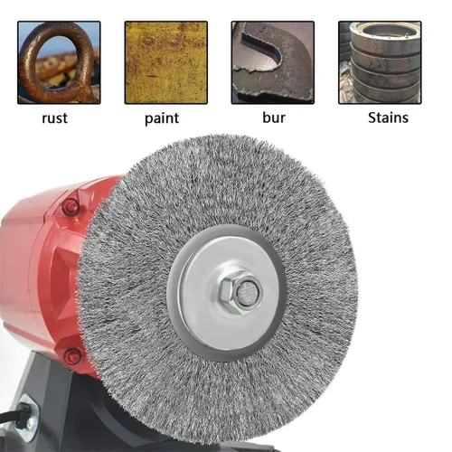 Vista 5 de 5 cepillos de rueda prensados de alambre de acero inoxidable de 3 pulgadas con orificio de 1/4 pulgadas para amoladora angular, limpieza y pulido