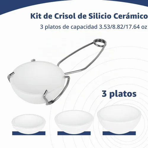 Vista 6 de Juego de 4 tazones de cerámica fundidos pequeños con diseño de crisol de cerámica fundida, oro y plata con pinzas para látigo, mango 2A