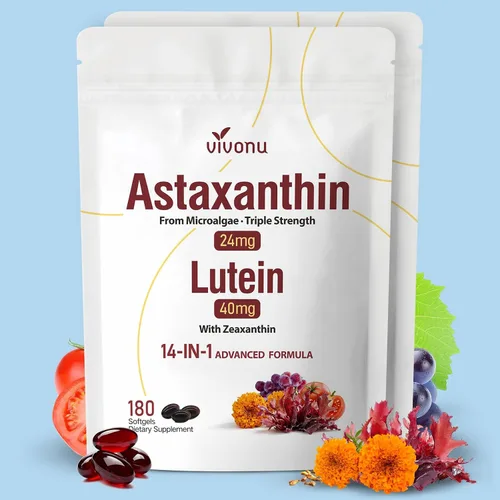 Vista 13 de Astaxantina 14 en 1 12 mg y luteína 40 mg con suplementos de zeaxantina, suministro para 6 meses, fuente de microalgas frescas, apoya los ojos