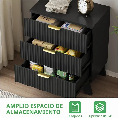 Vista 6 de Cómoda acanalada para dormitorio con 3 cajones, cómoda moderna de 24 pulgadas de ancho con mango de metal, soporte de TV de madera, armario de Negro