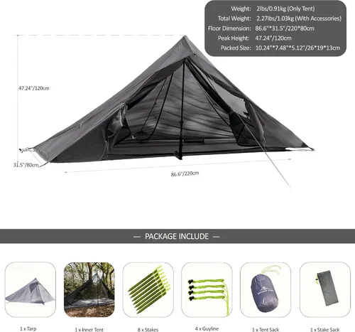 Vista 2 de Altair One - Tienda de campaña de senderismo ultraligera, nailon SIL impermeable, doble pared, 3 estaciones, refugio para 1 persona para mochileros