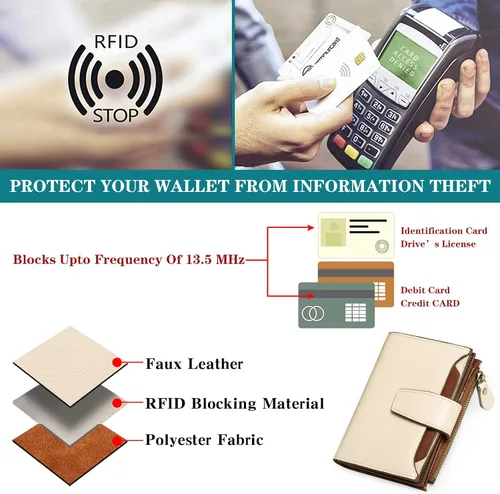 Vista 5 de FALAN MULE Cartera pequeña para mujer, de cuero, plegable, compacta, con bloqueo RFID, pequeña cartera para mujer