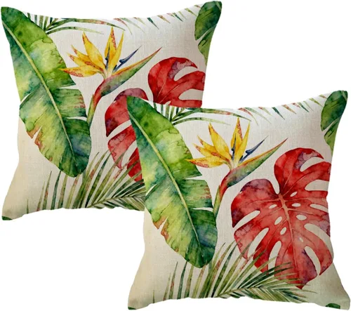 Vista 11 de Juego de 2 fundas de almohada de hojas de Monstera con diseño de hojas de palmera tropical, con temática botánica, fundas de almohada decorativas