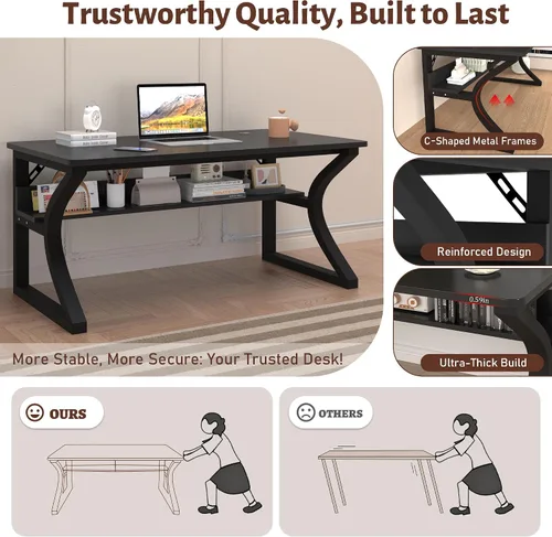 Vista 4 de StarGraph Escritorio para computadora, 47 y 55 pulgadas, parte superior de MDF con patas de metal en forma de U, estilo moderno, rectangular