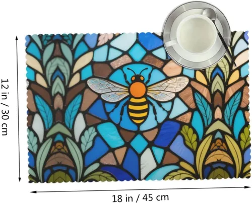Vista 2 de Rectangular Placemats Set of 4, Heat Resistant Bee Printed Kitchen Dining Table Mats