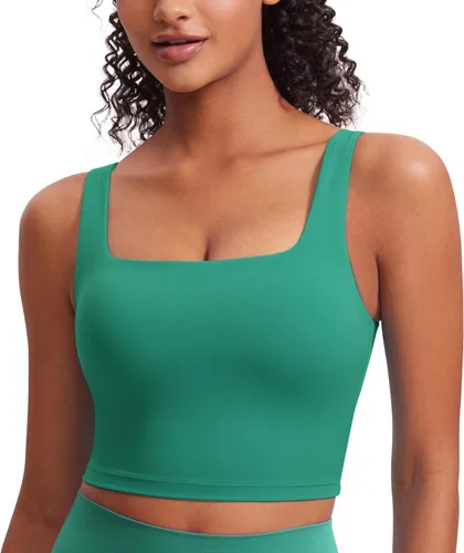 Vista 19 de CRZ YOGA Butterluxe Square Neck Crop Tank Top Brasier integrado, soporte ligero, almohadillas extraíbles, yoga, extremadamente suave, tirantes
