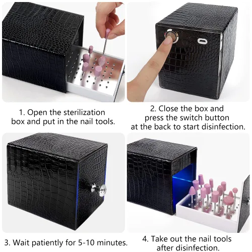 Vista 6 de Soporte para brocas de uñas, caja de luz UV azul para cabezales de molienda, soporte a prueba de polvo, acrílico, 48 agujeros, organizadores de Negro