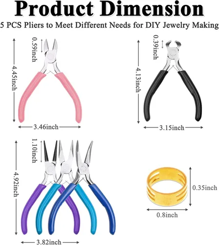 Vista 2 de 5 Packs Jewelry Pliers Set, Making Tools With Needle/Round/Chain/Bent/Zipper Pliers, Supplies Repair/Cut Kits for Crafting