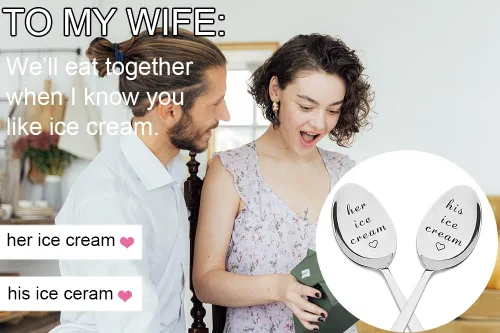 Vista 3 de Juego de 2 cucharas de helado para él y para ella, regalo de cumpleaños, San Valentín, para marido, esposa, cuchara grabada para parejas