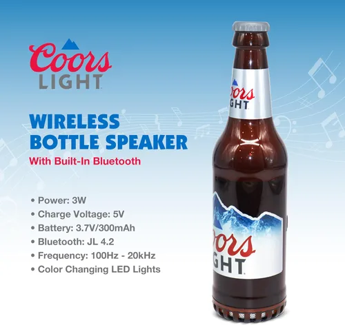 Vista 2 de Coors Light - Altavoz Bluetooth con Forma de Botella con Estéreo de Alta Fidelidad, Resistente a Salpicaduras, 6H de Reproducción y Puerto AUX