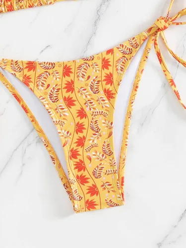 Vista 6 de OYOANGLE Conjunto de bikini de 2 piezas para mujer, estampado floral, triángulo, halter con lazo lateral, traje de baño