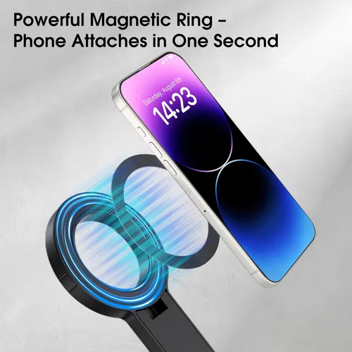 Vista 4 de Trípode magnético para teléfono, soporte de teléfono de apertura automática de 76 pulgadas con anillo de metal y control remoto recargable, palo