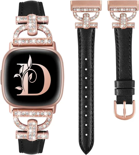 Vista 11 de Minyee Correas de cuero compatibles con Fitbit Versa 4/Versa 3/Sense 2/Sense Band para mujer, correa de cuero delgada elegante con diamantes