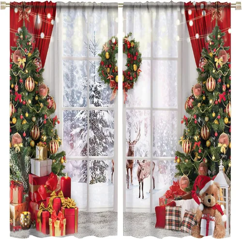 Vista 15 de Cortinas de Navidad lindas de invierno, vacaciones, regalos de Navidad, copos de nieve, elfo, sala de estar, cortinas de ventana de 42 x 45