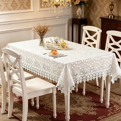 Vista 9 de Mantel de encaje rectangular elegante bordado para boda, banquete, fiesta de cumpleaños, mesa de comedor formal, cubierta a prueba de polvo