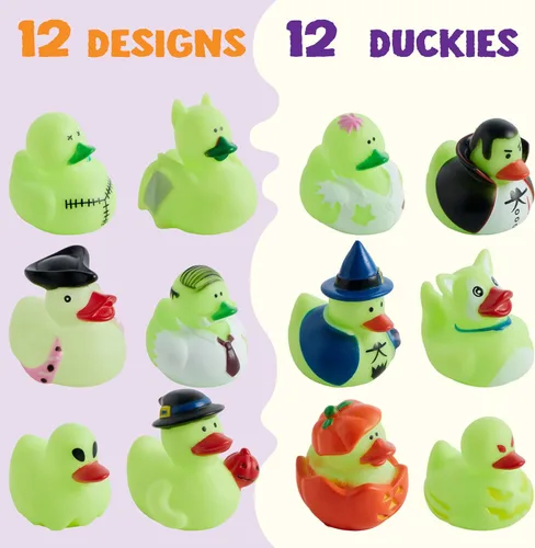 Vista 4 de JOYIN 12 piezas de juguetes de baño de patos brillantes de Halloween, patos de goma para premios escolares, patos que brillan en la oscuridad