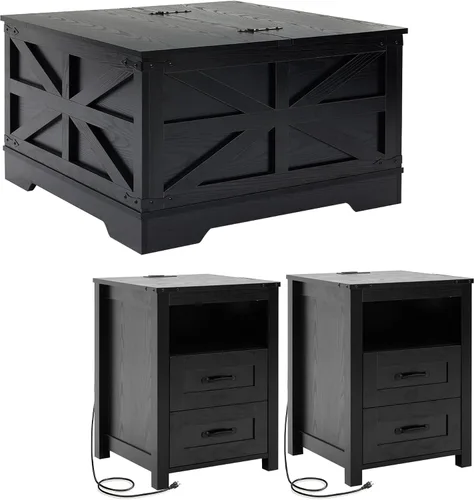 Vista 12 de Mesa de centro negra con almacenamiento, mesa de cóctel con parte superior elevadora con bisagras, mesa central cuadrada de madera con gran