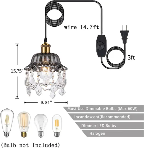 Vista 3 de Lámpara colgante de cristal gris claro con cable enchufable de 14.7 pies e interruptor de atenuación de encendido/apagado, lámpara de araña