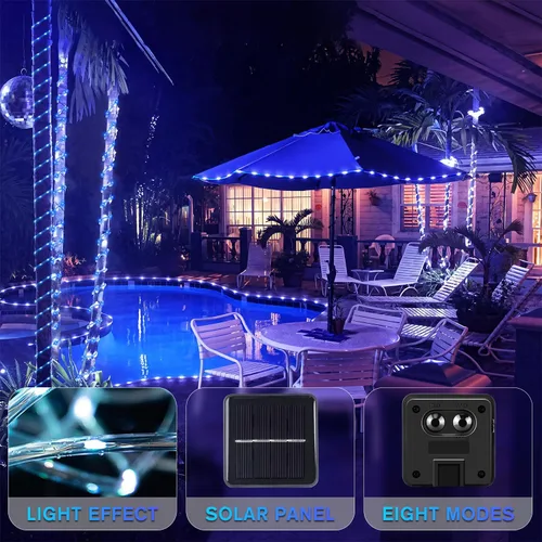 Vista 5 de ANJAYLIA Cuerda de luces solares de 33 pies con 100 luces LED para exteriores, impermeable, funciona con energía solar con 8 modos para exteriores