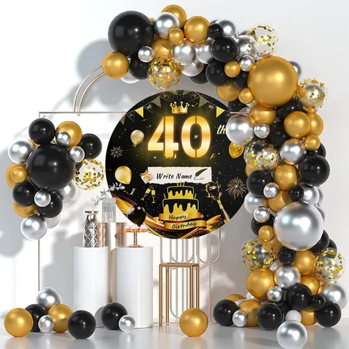 Vista 3 de Letrero luminoso de feliz cumpleaños de 40 años, decoración de fiesta para hombres, fondo de cumpleaños LED negro y dorado, carpa redonda, cartón