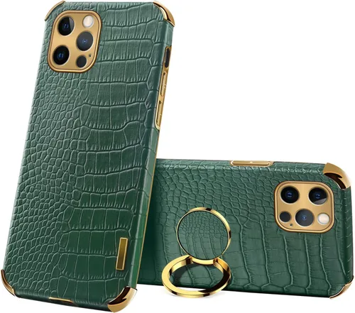 Vista 10 de Guppy Compatible con iPhone 15 Pro Max - Funda protectora de piel de cocodrilo de lujo, borde dorado, rotación de 360 grados para mujer, funda