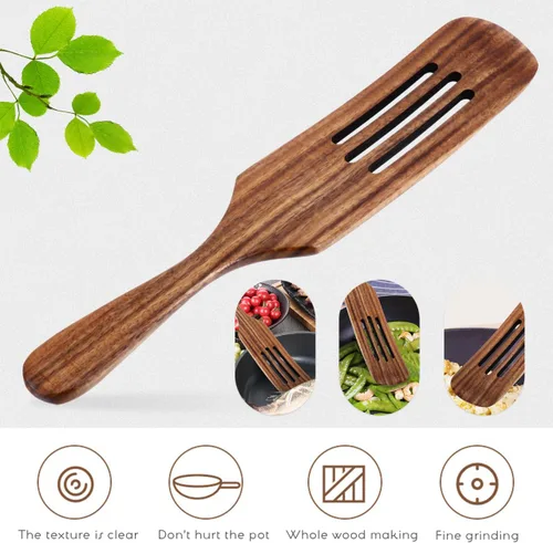 Vista 6 de Espátula de madera para cocinar, espátula ranurada de madera de acacia de 12.2 pulgadas con mango largo, espátula de cocina antiadherente para freír