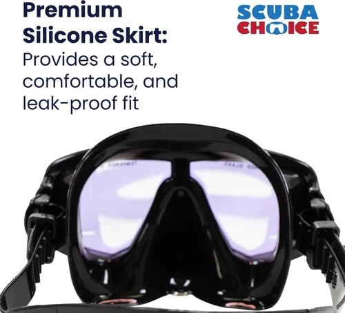 Vista 2 de Scuba Choice Silicone Dive Mask – Dual Tempered Glass Lenses with Mirror Coating, Adjustable Black Skirt & Strap, Snorkeling Diving Mask, Fits Most