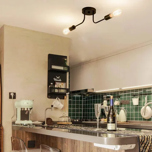 Vista 5 de 2 lámparas de techo industriales semiempotradas con ramificación de metal ajustable, soporte E26, pintado en negro, para cocina, sala de estar