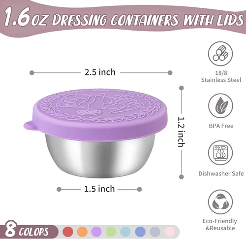 Vista 2 de Paquete de 8 recipientes pequeños para aderezo de ensalada de 1.6 onzas para llevar, tazas de salsa con tapas 1.6 OZ-Multicolor