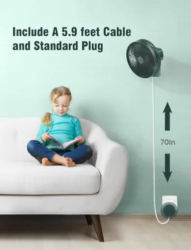 Vista 7 de Comoistar Ventilador pequeño oscilante de 10 pulgadas para montaje en pared con control remoto y temporizador, 4 velocidades, adaptador incluido