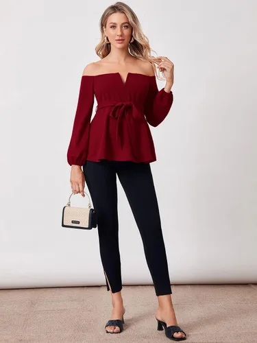 Vista 6 de Floerns Blusa de maternidad de manga larga con cinturón y hombros descubiertos para mujer