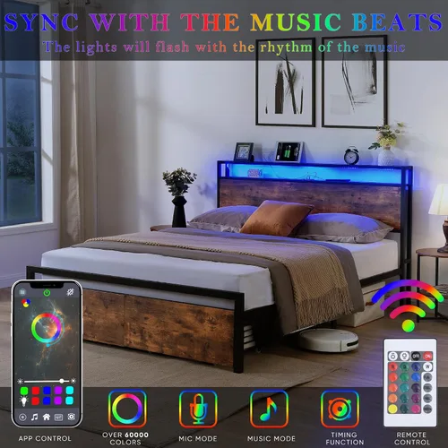 Vista 3 de Base de cama industrial tamaño matrimonial con cabecero, marcos de cama marrón rústico con luces LED y estación de carga, marco de cama