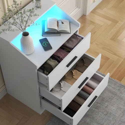 Vista 6 de Gyfimoie Cómoda de 3 cajones para dormitorio con toma de corriente, cómoda blanca con luz LED, cómodas modernas con cubículo de almacenamiento