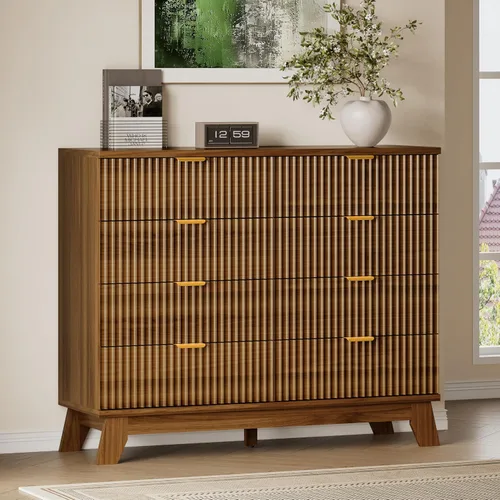 Vista 34 de BORNOON Cómoda acanalada de 3 cajones, 30.3 pulgadas de alto, cómoda bohemia compacta y moderna, armario de almacenamiento de madera