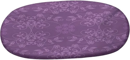 Vista 3 de Mantel ovalado ajustable de poliéster elástico de damasco, hermosas flores bien formadas sobre fondo morado, se adapta a mesas ovaladas de hasta 42