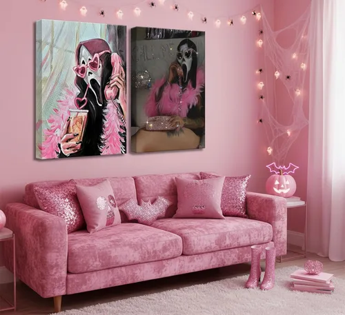 Vista 6 de 2 Piezas Máscaras de Fantasmas de Halloween Arte de Pared Moderno Rosa Académico Gótico Romántico Decoración de Pared de Fantasmas Cuadros Terror