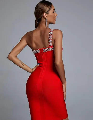 Vista 3 de BELLA BARNETT Vestido de un hombro con diamantes de imitación, sexy, ajustado, vestido de vendaje, vestido de fiesta para mujer, vestido de noche