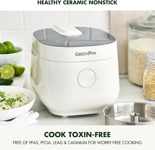 Vista 2 de Arrocera GreenPan, 8 tazas cocidas (4 sin cocer), modo bajo en carbohidratos y sopa, 10 ajustes de cocción de un toque, cesta de vapor de cerámica