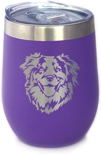 Vista 6 de Australian Shepherd Face - Wine Tumbler Glass with Sliding Lid - Stainless Steel Insulated Mug - Unique Dog Themed Decor and Gifts for Moms & Dads