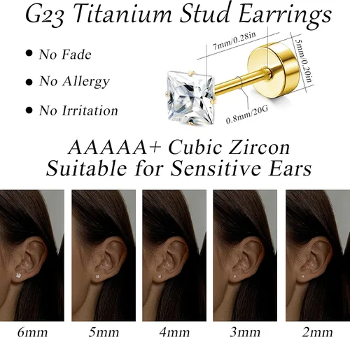 Vista 4 de MILACOLATO 5 PACK Titanium Stud Earrings for Women Men Hypoallergenic Titanium Post Stud Earrings Flatback Cubic Zirconia 20G Tragus Cartilage