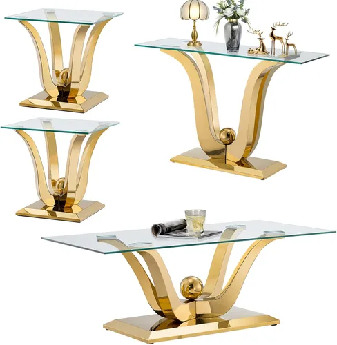 Vista 14 de SSLine Mesa de centro moderna de 1 pieza para sala de estar, mesa de centro de vidrio templado de lujo con base de acero inoxidable en forma de flor
