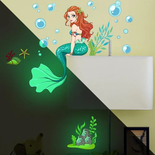 Vista 2 de Calcomanías luminosas de pared de sirena que brillan en la oscuridad, calcomanías de pared de princesa de dibujos animados, calcomanías de pared