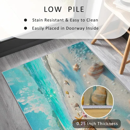 Vista 5 de J308 - Alfombra de pasillo con temática de playa de 2 x 4 pies, patrón de conchas marinas costeras, antideslizante, lavable, temática de playa