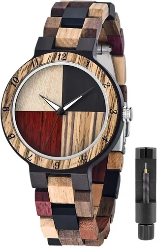 Vista 13 de Tiong Reloj de madera para mujer con correa de madera, diseño clásico analógico, colorido, de bambú, relojes para mujeres, parejas